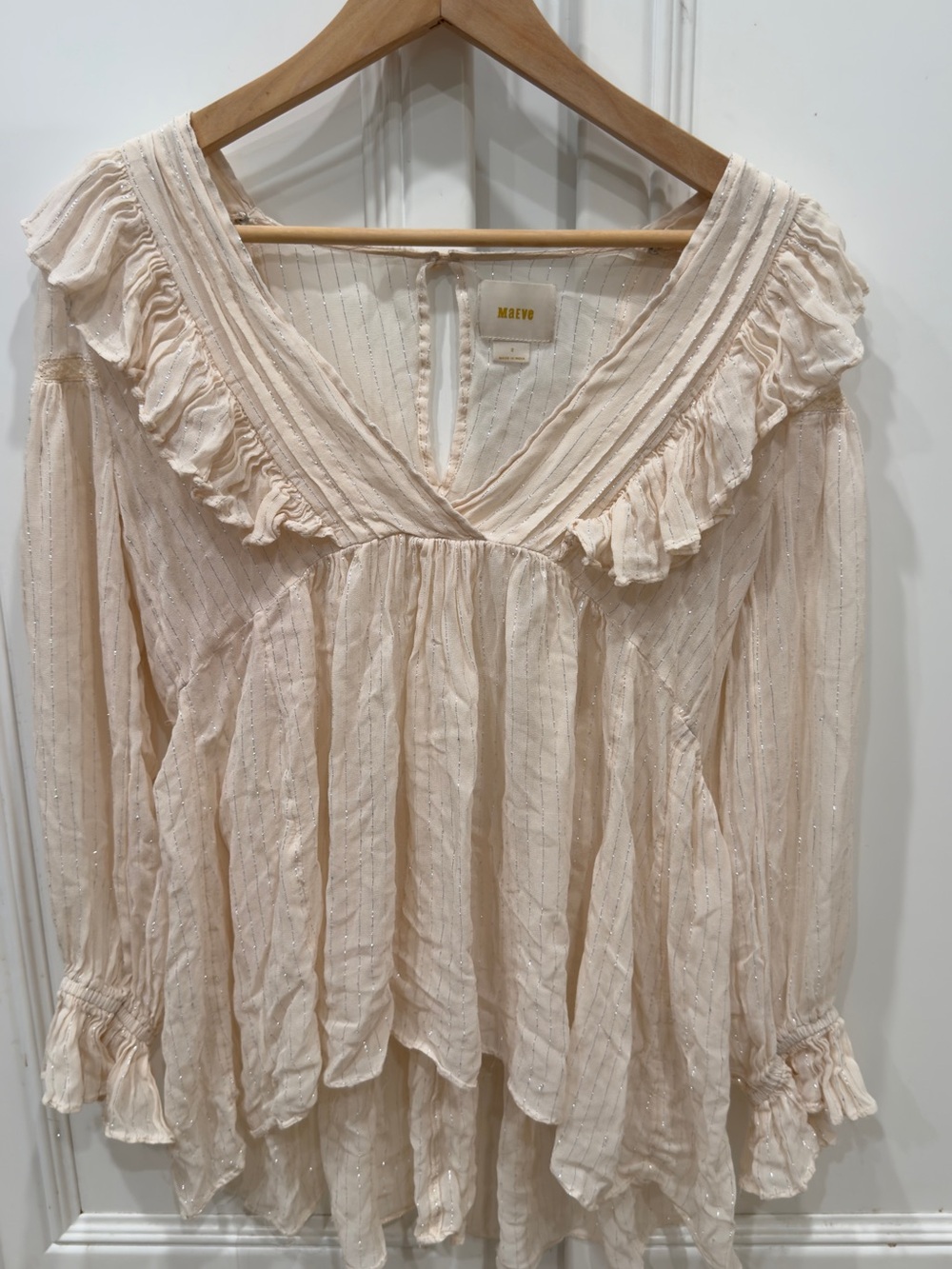 Maeve Cream Ruffled V-Neck Peasant Blouse